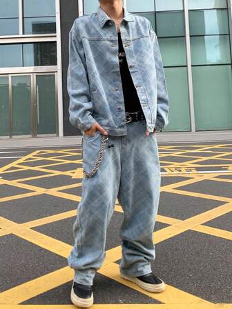 Manfinity Roghcode Men's Casual Washed Denim Jacket And Jeans Set Baggy Jeans Streetwear Baby Blue Men Outfit, Fall Clothes