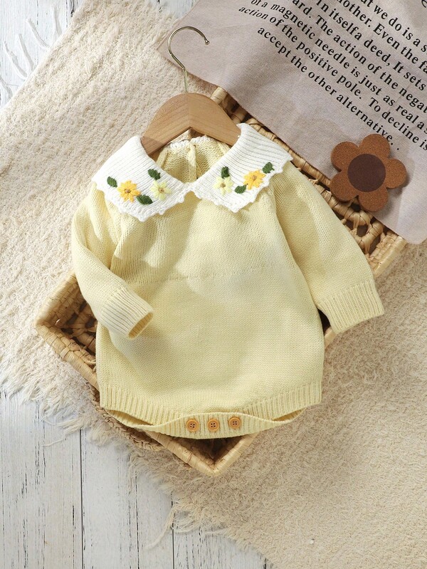 SHEIN Vintaside Kids 1 件婴儿连体衣，时尚可爱的彼得潘领设计，刺绣，甜美女婴连体衣