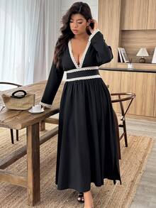 Weeklong Plus Size Elegant Sexy Contrast Color Lace Trim Deep V-Neck Slit Dress Fall Cloth For Women - Black - View 5