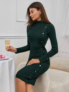 EURMUSE Mock Neck Button Front Sweater Dress Without Belt - Dark Green - View 3