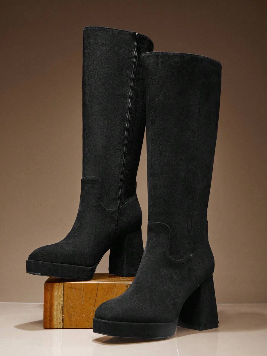 SHUZIA Women Everyday Casual Comfortable Round Toe Chunky Heel Faux Suede Knee-High Boots - Black - View 1