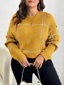 Elenzga Plus Size Women Plaid Round Neck Drop Shoulder Long Sleeve Casual Loose Pullover Sweater, Autumn/Winter - Yellow - View 1