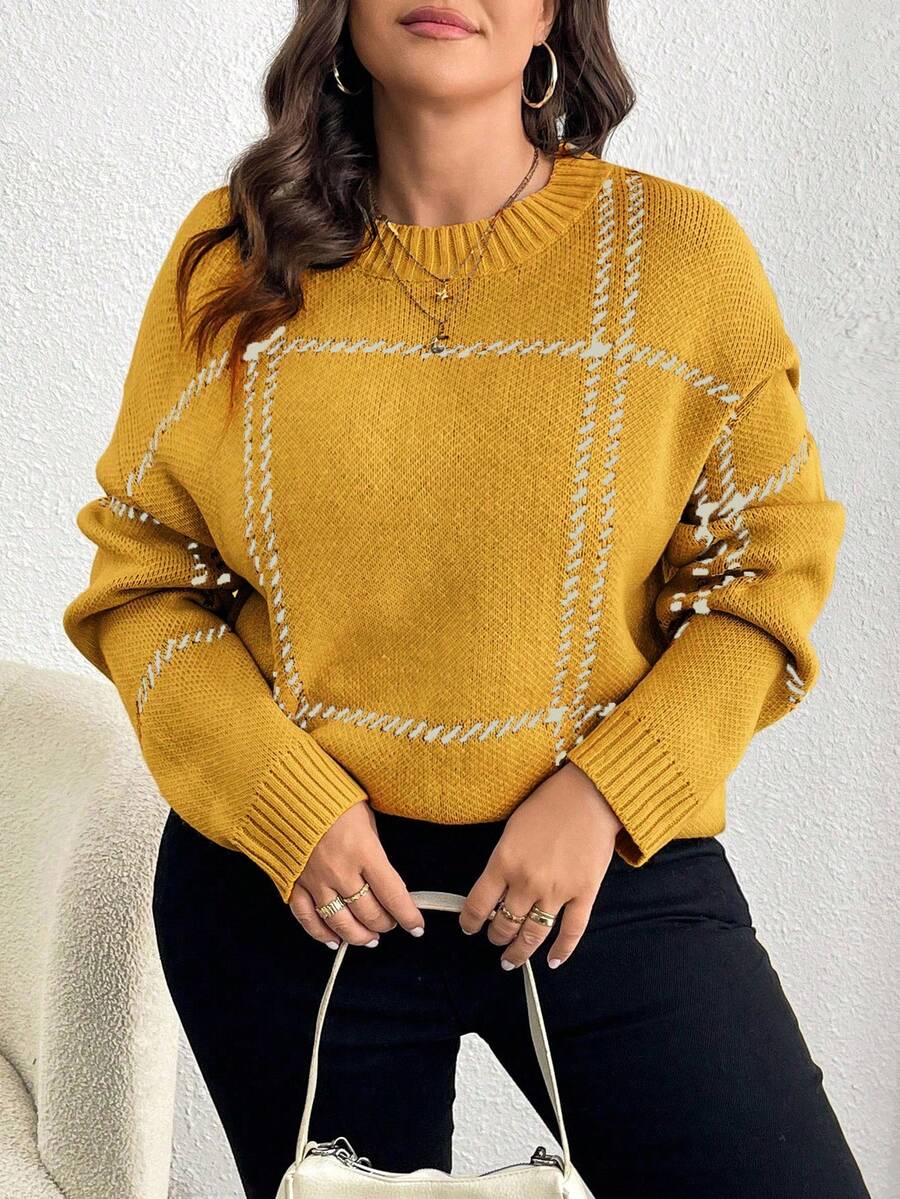 Elenzga Plus Size Women Plaid Round Neck Drop Shoulder Long Sleeve Casual Loose Pullover Sweater, Autumn/Winter - Yellow - View 1