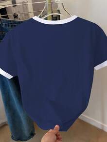 Resyla 女式休闲度假风格裱画印花撞色短袖 T 恤，夏季 - 藏蓝色 - 查看 2