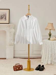 SHEIN MOD 大码纯色褶腰长袖衬衫\女士优雅纯色褶腰长袖衬衫、秋季上衣、女式工作上衣 - 白色 - 查看 7