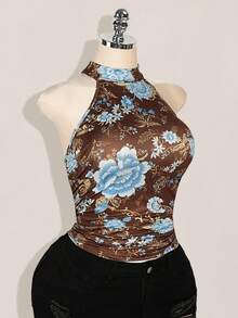 SHEIN ICON 加大码 Y2K 夏季外出波西米亚风西部乡村音乐会女式性感露背花卉印花挂脖上衣，夏季 - 棕色 - 查看 4