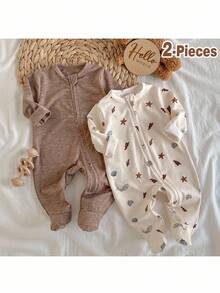 Loomiva 新生男婴/女婴海洋生物针织柔软圆领长袖连体衣和裤子两件套