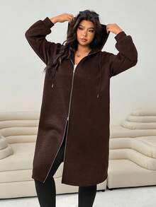 Solflare Áo khoác nỉ trùm đầu tay dài màu trơn cỡ lớn dành cho nữ, mùa thu/đông - màu nâu - Xem 4