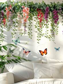 1pc Fanyu Rose Vine Butterfly Wall Stickers - Self-Adhesive Removable PVC Decals With Pink Roses, Green Leaves & Purple Butterflies For Walls, Plastic Surfaces - Fantasy Floral Decor, Semi-Matte Finish, Butterfly Decorations