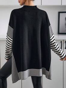 EURMUSE Women Stripe Pattern Round Neck Drop Shoulder Oversize Pullover Oversized Tops Sweaters For Women Plus Oversized Sweatshirt Woman Jumper For Woman Modest Tops For Women - Black - View 2