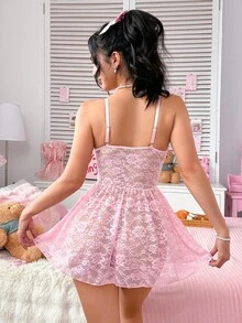 SHEIN 2pcs Women Sexy Lace Nightgown Set - Pink - View 2