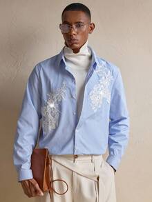 AKNOTIC Men's Light Blue Patched Long Sleeve Shirt, Fall, For Christmas