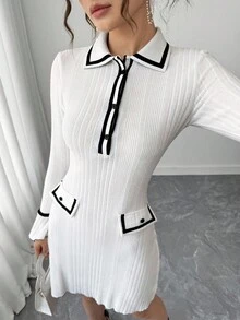 Teen Girl Fitted Waist Uneven Ribbed White Elegant Commuter Knit Fabric Comfortable Cocktail Party Dress - White - View 7