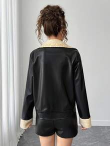 少女休闲百搭仿皮夹克，羊羔绒领口和袖口，下摆银色按扣，适合秋冬外出，可搭配长袖上衣、裤子、运动裤 - 黑色 - 查看 2