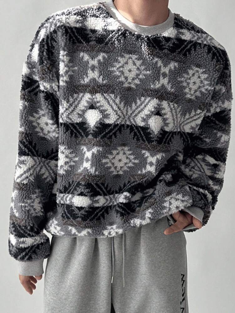 Men's Geometric Print Thermal Lined Pullover Sweatshirt, Autumn/Winter Thermal Lined, New Year, Christmas