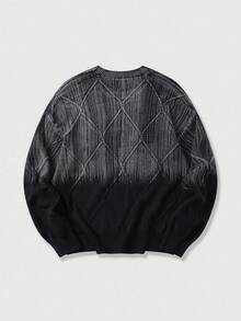 ROMWE MEN Street Life Men's Street Fashion Casual Gradient Crew Neck Sweater, For Fall Winter, Grunge Style - Black - View 2