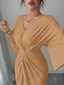 Elenzga Elegant Knitted High Elasticity Batwing Sleeve V-Neck Twist Design Mid-Length Dress For Women