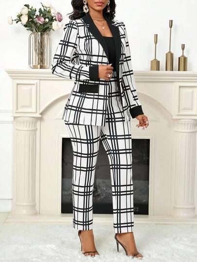 SHEIN Lady 2025 New Plaid Print Stitching Black&White Collar Women's Suit Jacket And Women's Suit Trousers, Daily Work Party In Autumn And Winter Suit Women's Two Pieces Set,Cozy Fall And Winter Clothes For Women New Year Outfit Women's Winter 2pc