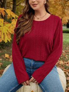 SHEIN LUNE 大码休闲长袖T恤，采用纹理面料，弧形下摆设计，适合秋冬季节穿着。 - 紅色 - 查看 3