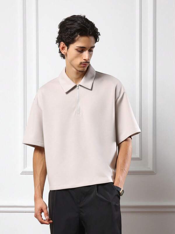 SUMWON Polo de cuello alto con media cremallera, corte recto, hombros caídos, estilo casual diario y contemporáneo moderno