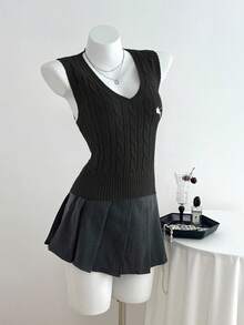 Elamini Casual Versatile Cable Knit Sweater Vest - Black - View 3