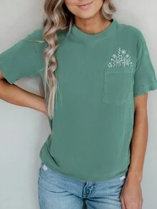 Women Floral Print Round Neck Short Sleeve Casual T-Shirt, Summer