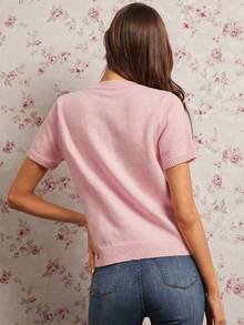 Enchnt Women's Light Pink Summer Elegant Tea Party Short Sleeve Knit Top,Sparkle Rhinestone&3D Sequined Flowers Decor,Sweet Fashionable For Date - Pink - View 7