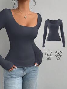 SHEIN BASICS Women's Casual Solid Color Knitted Fitted Long Sleeve Crew Neck Regular T-Shirt Playera Manga Larga Damawhite Top Long Sleevebasic Long Sleeve Tops - Dark Grey - View 1