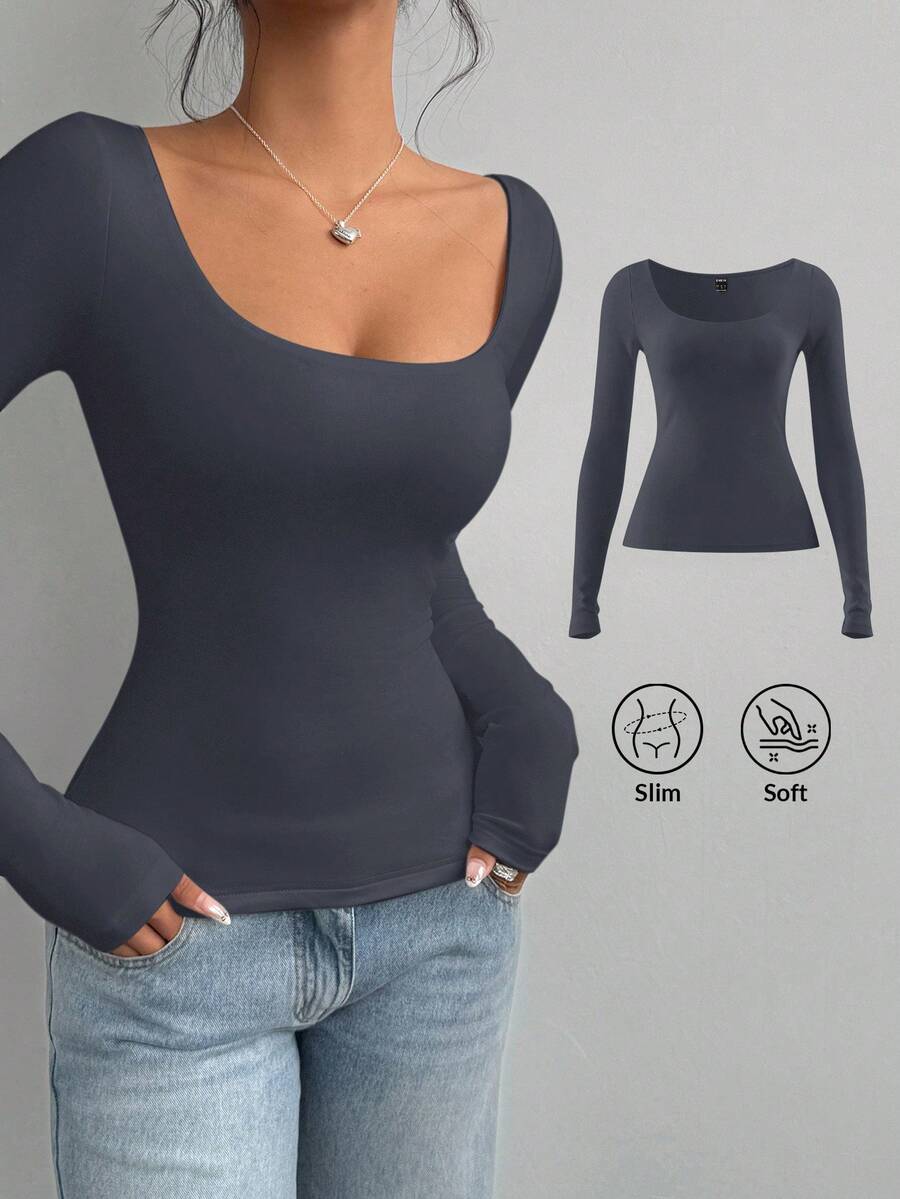 SHEIN BASICS Women's Casual Solid Color Knitted Fitted Long Sleeve Crew Neck Regular T-Shirt Playera Manga Larga Damawhite Top Long Sleevebasic Long Sleeve Tops - Dark Grey - View 1