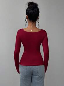 SHEIN BASICS 女士休闲纯色针织修身长袖圆领常规T恤Playera Manga Larga Damawhite上衣长袖基本款长袖上衣 - 酒紅色 - 查看 6