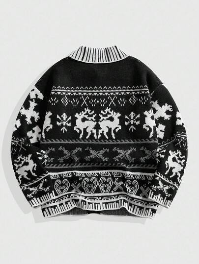 Street Life Men's Vintage Street Style Turndown Collar Fair Isle Cardigan, Fall/Winter