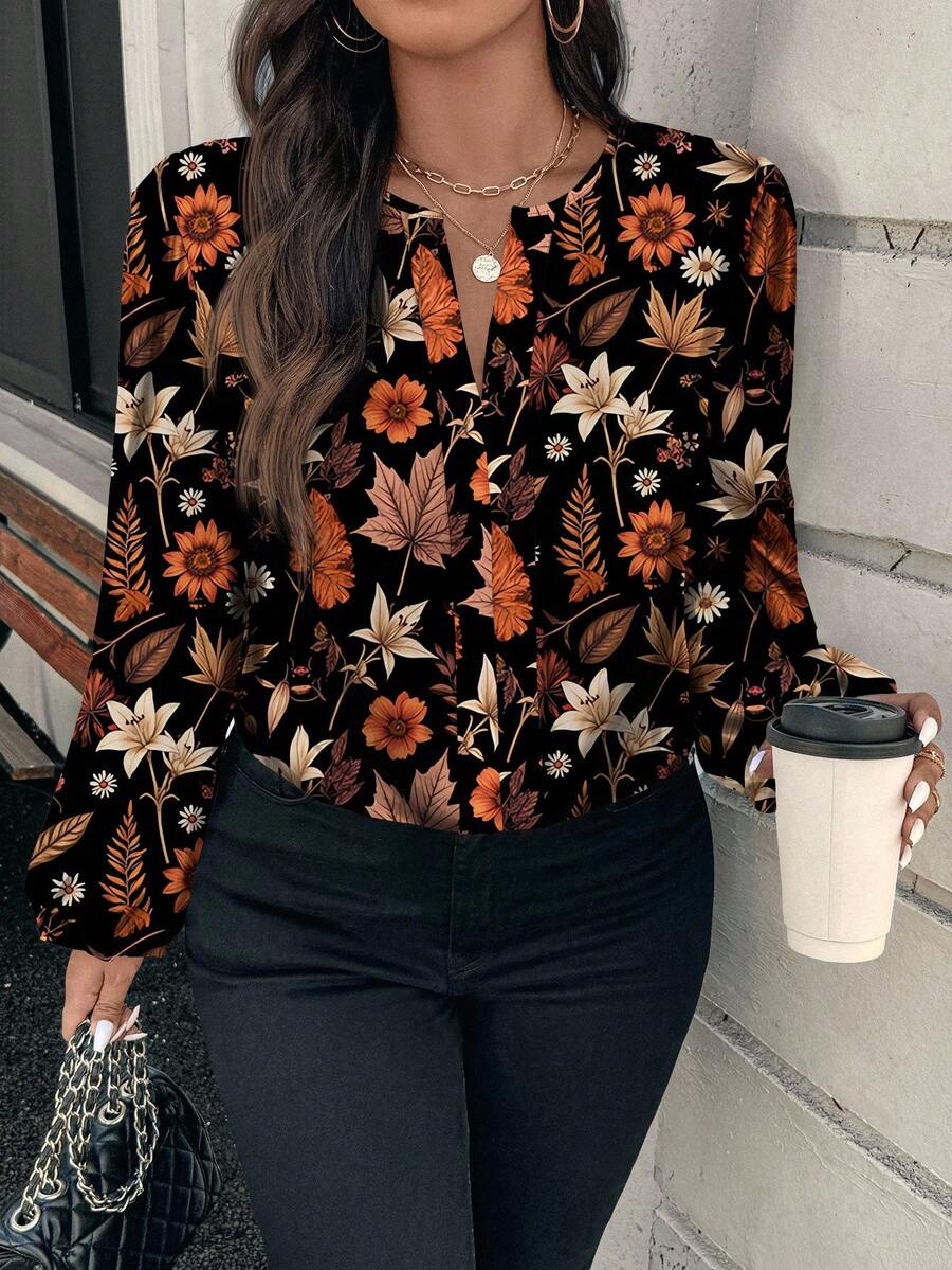 EMERY ROSE 休闲优雅枫叶花卉图案圆领长袖大码衬衫，适合春秋季节 - 彩色 - 查看 1