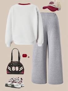 SHEIN Explorewe 2 件套休闲青少年女孩 V 领落肩数字印花白色长袖运动衫和灰色印花裤，适合秋冬季外出、度假、购物、通勤，可搭配夹克、外套 - 彩色 - 查看 4