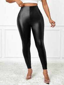 SHEIN Lady Unifarben PU-Leder Leggings, Herbstbekleidung für Frauen, Herbst-Outfits für Frauen, Winterbekleidung für Frauen - Schwarz - Übersicht 4