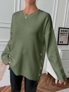 EURMUSE Women's Casual Crew Neck Pullover Sweater With Side Button - Mint Green - View 7