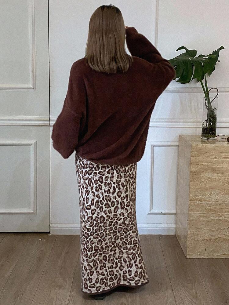 Women's Solid Color Loose Crew Neck Long Sleeve Sweater And Leopard Print A-Line Skirt Set, Casual Elegant Thick Outfit For Autumn/Winter