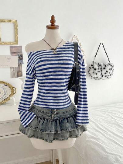 Elamini Top de manga larga asimétrico de hombro suelto con rayas de jacquard de punto de colores, moda casual y cómoda para uso diario, otoño/invierno