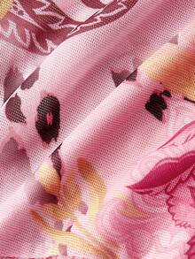 SHEIN MOD Váy lưới họa tiết hoa báo in nơ rút viền bất đối xứng cho kỳ nghỉ của phụ nữ - Nhiều màu - Xem 5