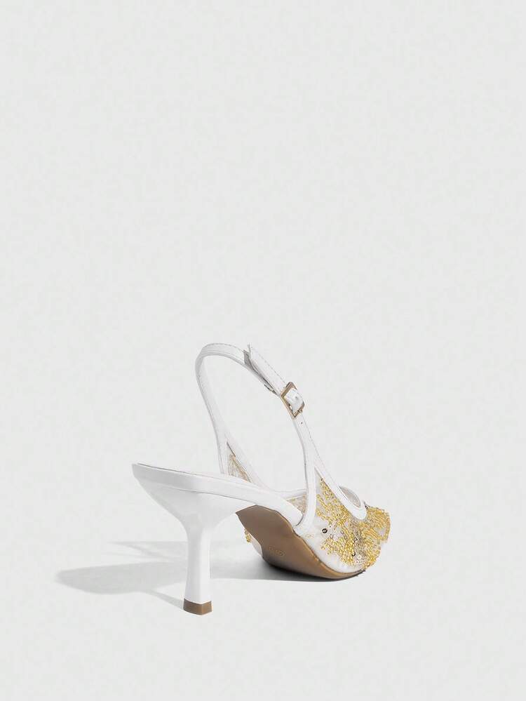 CUCCOO SZL Women's Pointed Toe High Heel Shoes, Fashionable White Mesh Beaded Sexy Elegant Party Banquet Slip-On Pumps