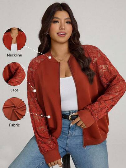 Comfylo Plus Size Women's Casual Fashion Street Contrast Lace Zip-Up Baseball Jacket, Spring/Autumn Lace Cardigan Plus Size Jacket Plus Size Cardigans Lace Jacket Plus Size Blazer For Women Plus Size Lace Jacket/Winter