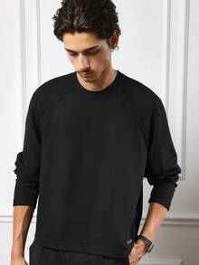 SUMWON 宽松长袖华夫格针织插肩袖圆领上衣家居服毛衣冬季秋季简约基本款休闲街头服饰 - 黑色 - 查看 1