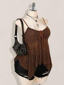 SHEIN ICON Plus Size Chest Drawstring Tie Bowknot Camisole, Asymmetrical Hem, Y2K Style, Suitable For Summer, Summer Vacation, Graduation & Back To School Season - Brown - View 4