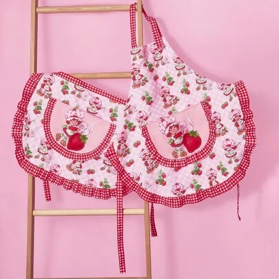 Strawberry Shortcake X SHEIN 1 Pc Cute Lace Strawberry Print Half Apron, Suitable For Cooking And Baking,Gift Ideas