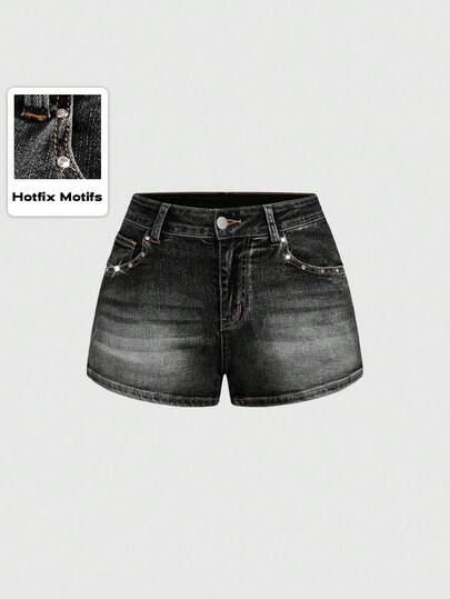 Grunge Punk Short en jean taille basse déchiré avec décoration de strass, style vintage punk Y2K sexy pour femmes