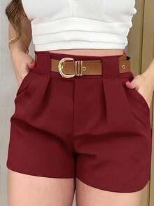 VaVaBold Pantalones cortos de mujer de unicolor con bolsillo y pliegues