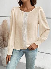 EMERY ROSE 瑞士圆点花边蕾丝嵌花灯笼袖衬衫，女士休闲撞色蕾丝、褶边、褶皱长袖圆领常规版型常规杏色主教袖上衣女士衬衫，春季/秋季，休闲日常穿着 - 杏色 - 查看 4