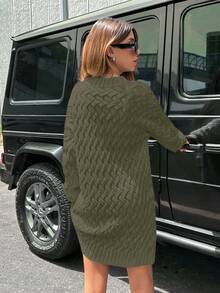 EURMUSE Cable Pattern Solid Color Casual Versatile Long Sleeve Sweater Dress - Army Green - View 2