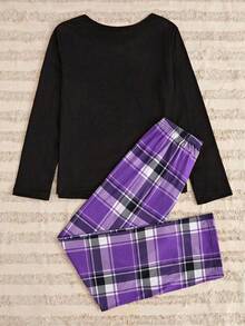 Damen Teddy Bär Muster Langarm Top und karierter Schleifendekor Allover Muster Hose Pyjama Set, Frühling/Herbst, Herbst Winter Kleidung - Verschiedenfarbig - View 2