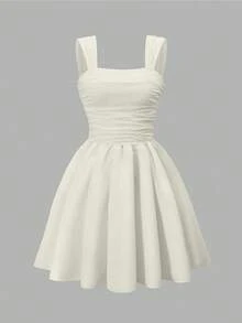 Sweetra Young Elegant & Comfortable Wide Strap Pleated A-Line Dress For Teenage Girls - Apricot - View 4