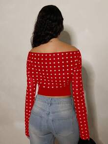 Glamine Polka Dot Print Oblique Shoulder Long Sleeve Top For Women, Autumn - Red - View 2